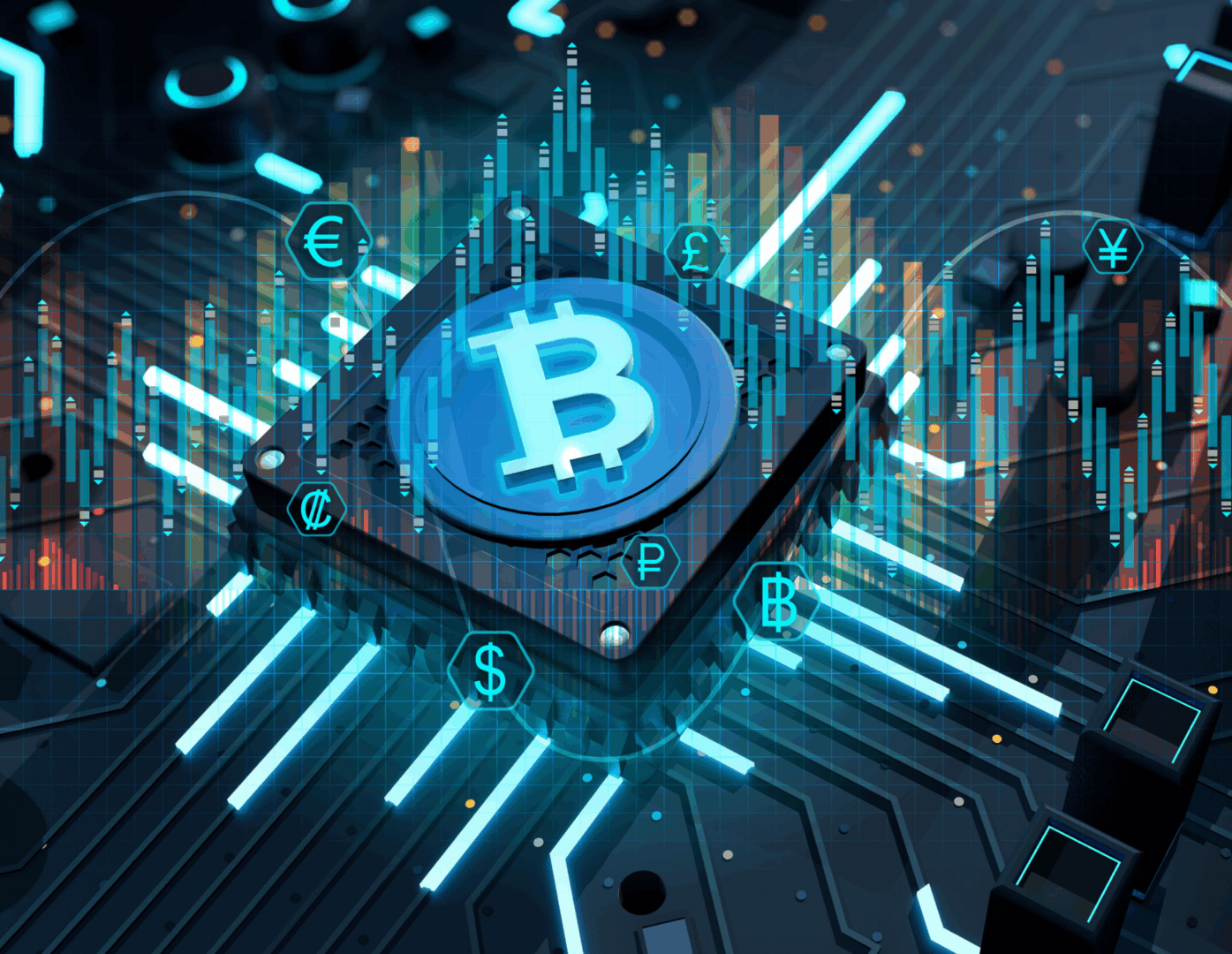 Digital Bitcoin on circuit board